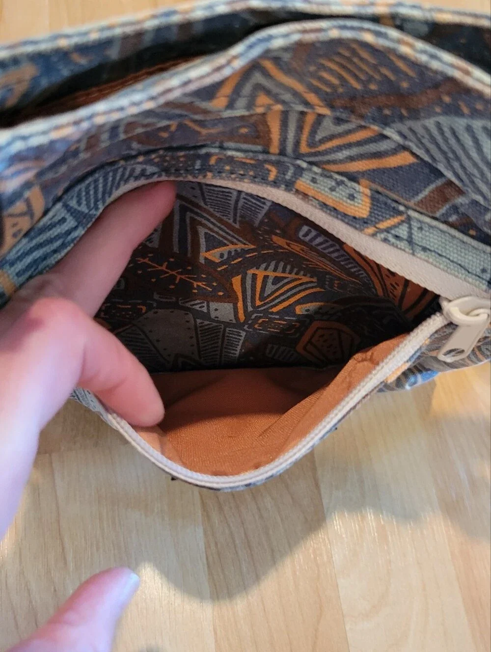 KAVU Keeper Crossbody Bag Blue Brown Orange Geometric